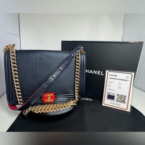 Authentic CHANEL Navy Blue Large Boy Bag